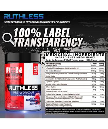 Iron Brothers Supplements Ruthless Pre workout Powder for Women & Men | Creatine-Free Nitric Oxide Booster | Energy & Focus | Workout Supplement Bulk Pre-Workout | 40 Servings (Pomegranate Acai) - Buy Online on GoSupps.com