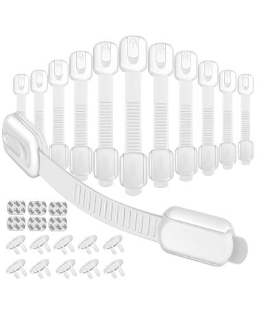 12Pack Child Safety Cabinet Locks Set Baby Proofing Strap Latches Locks(with 6pcs Spare Adhesive) Used for Safety Drawer Cupboard Oven Refrigerator Toilets Seat Fridge & 10Pcs Clear Outlet Plug Cover