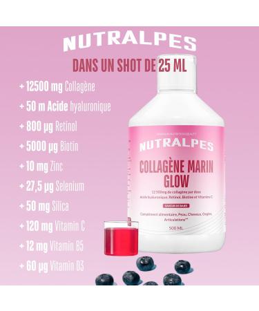 Nutralpes Hydrolyzed Marine Collagen Liquid 12500mg | Glow - Radiance | Hyaluronic Acid Retinol Vitamin C Vitamin D3 | Anti-Aging | Hydrated Skin Hair Nails | 500ml | Berry Flavors. - Buy Online on GoSupps.com