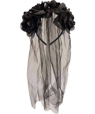 The Fancy Dress Long Black Veil with Black Flowers Halloween Hairband Gothic Bride Veil Day of the Dead Party Accessories Fancy Dress Hair Accessory for Adults Headband With Flowers and Veil
