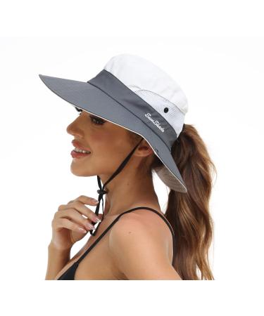 Womens Summer Sun Hat Beach Hat Wide Brim Outdoor UV Protection Hat Foldable Cool Mesh Ponytail Bucket Hat Grey+beige