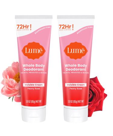 Lume Whole Body Deodorant - Invisible Cream Tube - 72 Hour Odor Control - Aluminum Free Baking Soda Free Skin Safe - 3.0 ounce (Pack of 2) (Peony Rose) Peony Rose 3 Ounce (Pack of 2)