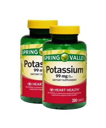 Potassium 99mg 250 Caplets Daily Vegetarian Supplement with Potassium Gluconate Gluten & Sugar Free Mineral No Sugar or Artificial Flavors (Pack of 2) 250 Count (Pack of 2)