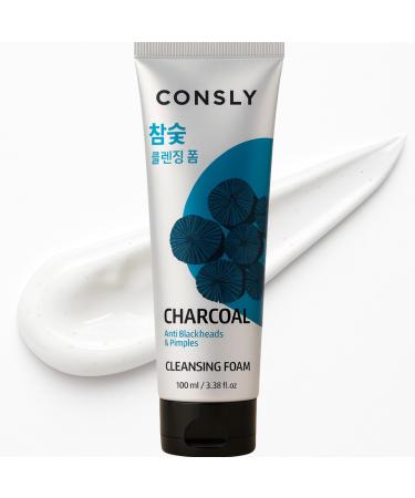 CONSLY Charcoal Face Wash Deep Cleansing Foam for Oily & Combination Skin, Gentle Exfoliating Cleanser for Pore Care & Shine Control, 100ml