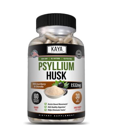 Kaya Naturals Psyllium Husk Capsules - 60 Count | High Fiber Supplement | Digestive Health & Regularity | Gluten-Free Non-GMO 60 Count (Pack of 1)