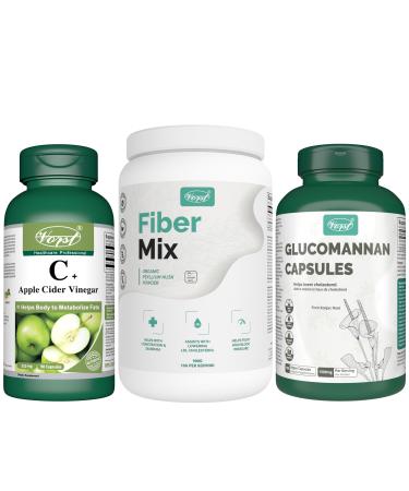 VORST Apple Cider Vinegar with Vitamin C 90 Capsules and Organic Psyllium Husk Powder | Fiber Mix 900G| and Glucomannan 180 Vegan Capsules | Digestive Health Supplements | (Combo Bundle 3 Bottles)