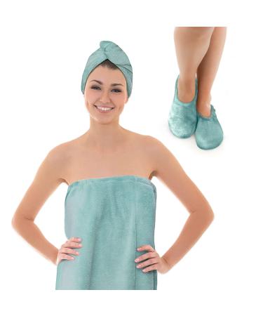 MICRODRY 3-Piece Bathroom Spa Set  Includes Quick Drying Plush Microfiber Hair Towel Wrap  Body Wrap  and Cushioned SoftLux Memory Foam Footies House Slippers  Aqua