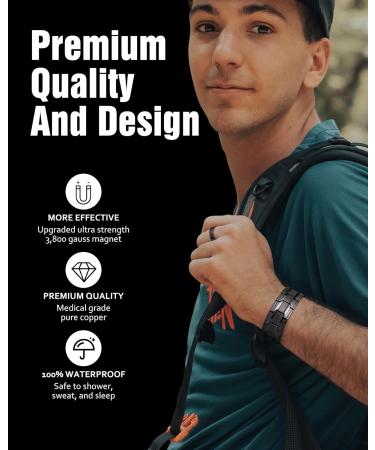 Jecanori 3X Lymph Drainage Copper Magnetic Bracelet for Men - Adjustable Wristband with Ultra Strength Magnets (3500 Gauss) - Includes Removal Tool and Gift Box - Lines-black - Buy Online on GoSupps.com