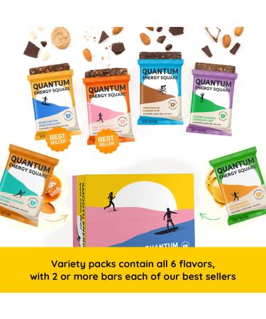 QUANTUM Energy Square | Organic Caffeinated Protein Bars | Plant Based, Gluten-Free, Vegan | 10g Protein | MCT Oil | Healthy Breakfast Snacks | Non-GMO | Dairy & Soy Free | 8 Pack Variety - Buy Online on GoSupps.com