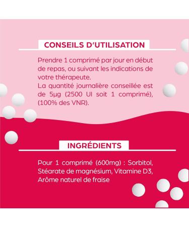 Natural Vitamin D3 High Concentration 2000 IU 100% Recommended Daily Dose Made in France 90 Tablets Strawberry Flavor 3 Months - Buy Online on GoSupps.com