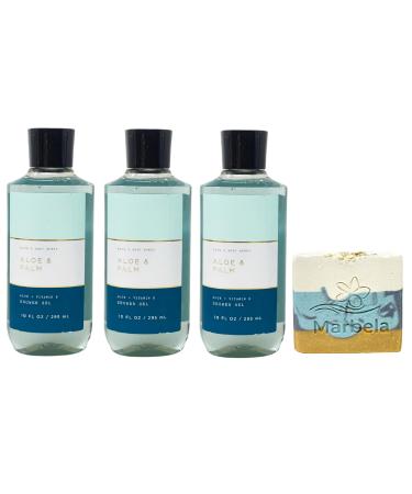 Bath & Body Works Aloe & Palm 3 Pack Shower Gel Bundle with a Sea Breeze Bar Soap - Full Size