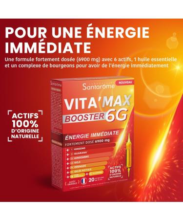 Santarome Vita'Max Booster 6G Anti-Fatigue Immediate Energy Supplement 6900 mg of Active Ingredients Ultra Dosed - Ginseng Guarana Ginger Goji Pomegranate Royal Jelly - 20 Phials France - Buy Online on GoSupps.com