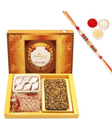 Ghasitaram Gifts Rakhi Gifts for Brothers Rakhi Sweets - Big Box of Walnut Chocolate Bark Almonds and Kaju Katli with Pearl Beads Rakhi Big BoxofWalnut Choco Bark Almond Kaju Katli Rakhi