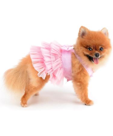 Pink Striped Denim Puppy Dress with Organza Bow and Beads - XS size (Chest 30cm/11.8, Back 20cm/7.9) - Summer Sleeveless Button-Up Dog Apparel - Buy Online on GoSupps.com