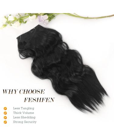 FESHFEN Invisible Wire Black Hair Extensions 16 Inch - Adjustable Size with 2 Secure Clips - Long Wavy Synthetic Hair Piece for Women - Buy Online on GoSupps.com