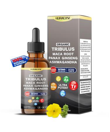 Organic Tribulus Maca Root Panax Ginseng Ashwagandha Liquid Drops 1670mg per Serving Ultra Potent Natural Taste USA Made & Lab Tested 2 FL OZ (60ml) 60ml (pack of 1)