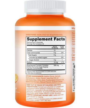 Qunol Zero Sugar Turmeric Gummies Gummy with 500mg Turmeric Curcumin Joint Support Supplement Ultra High Absorption Turmeric Curcumin Vegetarian Gluten Free 90 Count - Buy Online on GoSupps.com