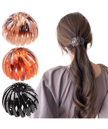 Bun Maker Clip, TOBATOBA 3 Pcs Bird Nest Hair Clips, Expandable Ponytail Holder for Women, Ponytail Hairpin Curling Iron, Hair Claw Clamps Ponytail Hair Clip Hair Accessories for Women and Girls Black, Tortoise Shell Brown…