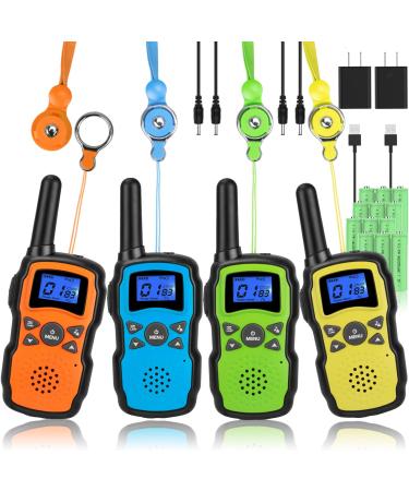 Wishouse Walkie Talkies for Kids Adults Rechargeable 4 Sets with 2 USB Chargers|4X3000mAh Batteries|Lanyards|Family Walky Talky Long Range for Hiking Camping|Xmas Birthday Gift|Boys Girls Present Orange Blue Green Yellow