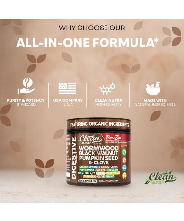 Clean Nutra Wormwood Black Walnut Pumpkin Seed Clove Oil Celery Garlic Grape Papaya Neem Diatomaceous Earth Womens Probiotic Gut Health Cleanse Detox Oregano Olive Turmeric Supplement Vegan Capsules - Buy Online on GoSupps.com