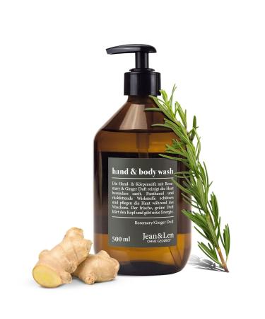 Jean & Len Savon pour les mains et la douche Rosemary et Ginger nettoie et soigne la peau Parfum frais et pic Savon liquide sans silicone parab ne & microplastique Bouteille en verre 500 ml claire 500 ml (Lot de 1)