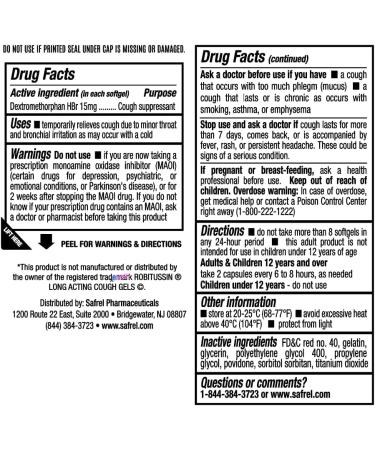 Safrel Adult Cough Relief Dextromethorphan HBr 15mg Softgels - 8-Hour Non-Drowsy Bronchial Suppressant (60ct) - Buy Online on GoSupps.com