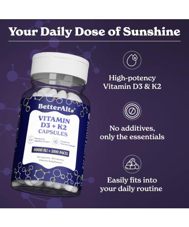 Better Alt Vitamin D3 + K2 Capsules | 5000 IU Vitamin D3 200 mcg Vitamin K2 | Helps Promote Bone Strength | 1-Month Dietary Supplement - Buy Online on GoSupps.com