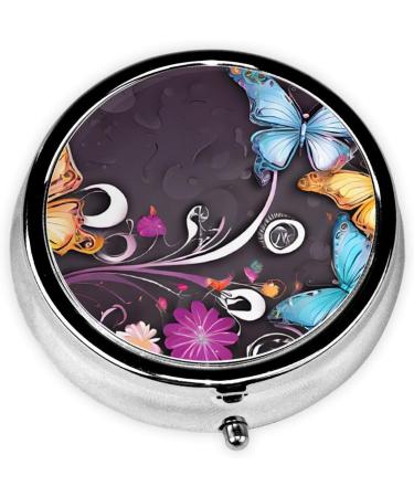 Butterflies Round Pill Box - 3 Compartment Mini Decorative Travel Organizer for Tablets Vitamins & Medicine - Buy Online on GoSupps.com