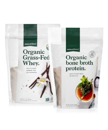 Natural Force Grass Fed Organic Whey Protein Powder Vanilla Flavor 16 oz Pure Organic Bone Broth Protein Powder 10.8 oz