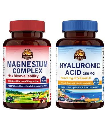 Vitalitown Magnesium + Hyaluronic Acid Bundle| Magnesium Complex (Item 1) & Hyaluronic Acid Plus Vitamin C (Item 2) | 120 Magnesium Capsules & 90 Hyaluronic Acid Capsules