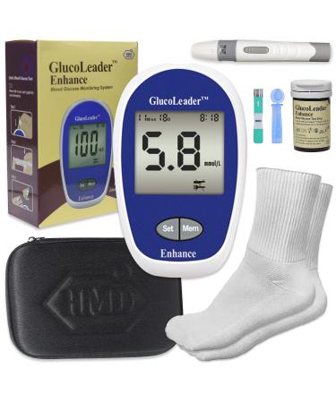 GlucoLeader Enhance Blood Sugar Monitor with 10 Test Strips 10 Lancets and Therapeutic Diabetic Socks - 800 Memory Diabetes Testing Kit in mmol/L UK - Accurate CE & ISO Certified (Made In Taiwan) Meter Kit + Diabetic Socks Meter Kit + Diabetic Socks