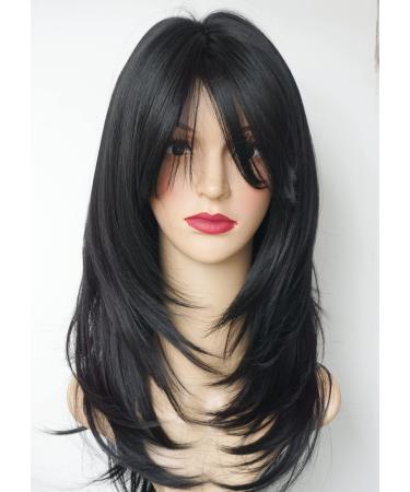 Long Layered Shoulder Length wig Synthetic Hair Fiber Highlight Multicolor Wigs for White Women (Black)