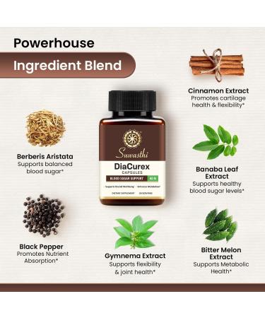 Suwasthi DiaCurex Berberine Supplement -120mg with Cinnamon, Bitter Melon & Gymnema for Men & Women for Health Support, 100% Organic, Vegan & Gluten-Free, 60 Capsules (30 Days of Supply) - Buy Online on GoSupps.com