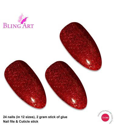 Bling Art Almond Red Glitter Stiletto False Nails - 24 Long Tips with Gel Finish - Includes Glue - Buy Online on GoSupps.com