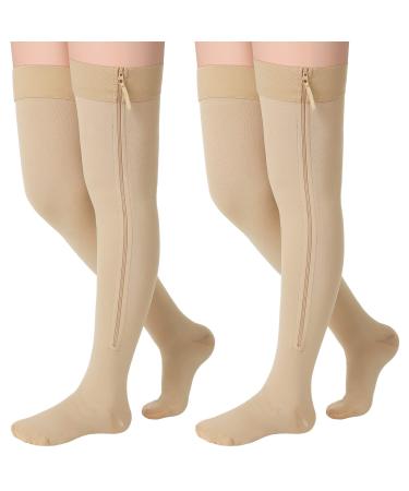 2 Pairs Zipper Compression Socks Thigh High 20-30 mmHg Compression Socks with Zipper Closed Toe Thigh High Compression Stockings for Women Men Swelling Medium Beige