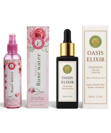 LAYA VERT Moroccan Anti-Aging Hydration Duo Oasis Elixir Face Serum with Organic Argan & Prickly Pear Seed Oils + Organic Rose Water Toner | Deep Hydration Firming & Glow | 1 fl oz + 3.4 fl oz