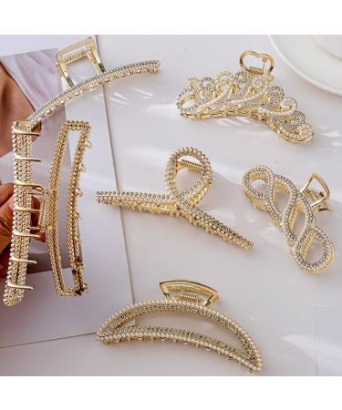 6 Pcs Large Metal Hair Claw Clips Claw Clips with Pearl and rhinestone 4.3 Hair Clips for Women & Girls 6 Styles Strong Hold Metal Claw Hair Clips for Women Thick Hair & Thin Hair Non-Slip/Rust Claw
