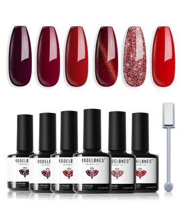 Modelones Red Gel Nail Polish 6 Colors Ruby Sparks Collection Popular Glitter Gel Polish Cat Eye Burgundy Red Sparkle Bloody Red Nail Polish Kit Art DIY Home Salon Gifts for Women