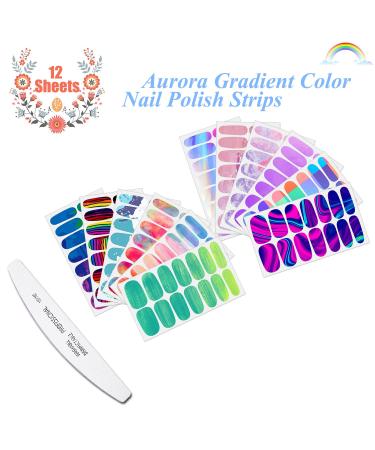 JERCLITY Aurora Gradient Nail Polish Strips - 12 Sheets Self-Adhesive Rainbow Nail Stickers for Women and Kids | DIY Manicure Kit with Nail File Included - Buy Online on GoSupps.com