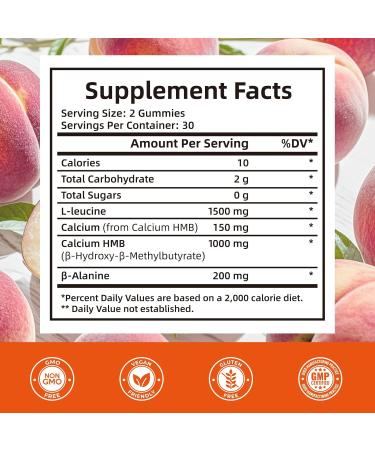 HEALOADING HMB and Leucine Gummies Supplement: HMB Supplements for Men 1500mg and Leucine Amino Acid for Muscle Recovery Increase Muscle Mass Improve Endurance Non-GMO Sugar Free Peach 60 Gummies - Buy Online on GoSupps.com