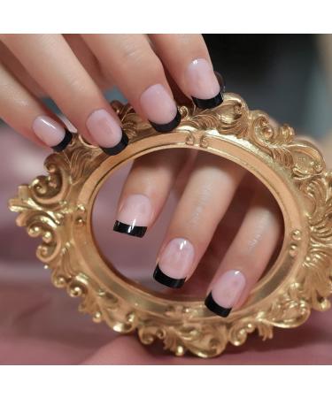 Black Lace French Tip Artificial Nails - 24 Medium-Short Reusable Gel Acrylic Manicure for DIY Style - Buy Online on GoSupps.com