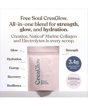 CreaGlow Naticol Marine Collagen + Creatine Monohydrate + Electrolytes Powder | Glow & Strength All in 1 with Magnesium Vitamin C Biotin & Hyaluronic Acid | Raspberry Flavoured | Free Soul - Buy Online on GoSupps.com