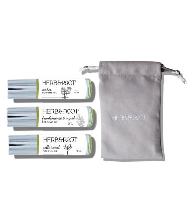 Herb & Root 3 Pc Mini Variety Perfume Set for Women or Men Unisex Aromatherapy Oils Roll Ons Floral Gourmand Woods Earthy Aromatic Citrus (Amber) Amber Wood
