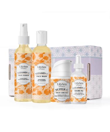LilyAna Naturals Vitamin C Skincare Gift Set - Brightening and Anti-Aging Skin Care Products - Vitamin C Serum and Hyaluronic Acid - 4 Piece Set