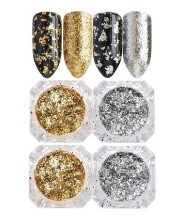 Nail Foil Holographic Glitter Nail Powder Kit Nail Art Gold Silver Glitter Aluminum Flakes Magic Mirror Effect Powders Sequins Nail Gel Polish Chrome Pigment Decorations 4 Box/Set Gold-2Pcs/Silver-2Pcs