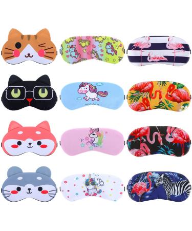 Ramede 12 Pcs Cute Eye Mask for Sleeping Flamingo Cat Unicorn Sleeping Mask with Adjustable Buckle Funny Kids Sleep Mask Cat Face Mask Blindfold Eyeshade Eye Covers for Sleeping Girl Women Night Party