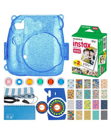 Fujifilm Instax Mini Twin Pack Instant Film (20 Exposures) + Hard Glitter Case (Cobalt Blue) + Scrapbooking Album + Striped Strap + Camera Sticker + Lens Filters + 20 Sticker Frames Travel Package