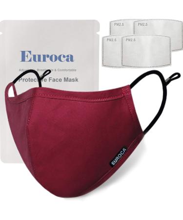 Euroca Cloth Face Mask 4 Layer Reusable Washable Adjustable For Adult Mens Womens Teens -4 Filters included Burgundy