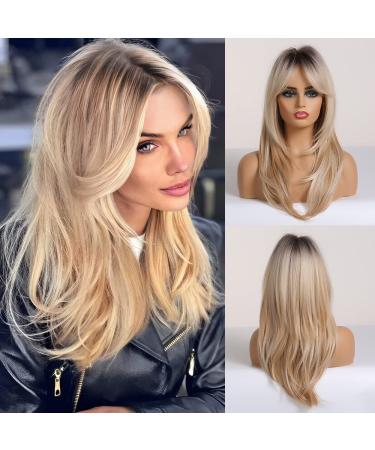 Blonde Wig with Bangs Long Curly Wigs for Women Synthetic Wig Dark Roots for Daily Party Cosplay