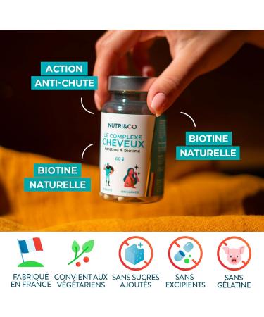 Nutri&Co Biotin + Patented Pure Keratin - Food Supplement for Hair Growth - Fast Growth - Anti Loss - Vitamin B8 - Skin and Nails - 60 Vegan Capsules Made in France - Buy Online on GoSupps.com